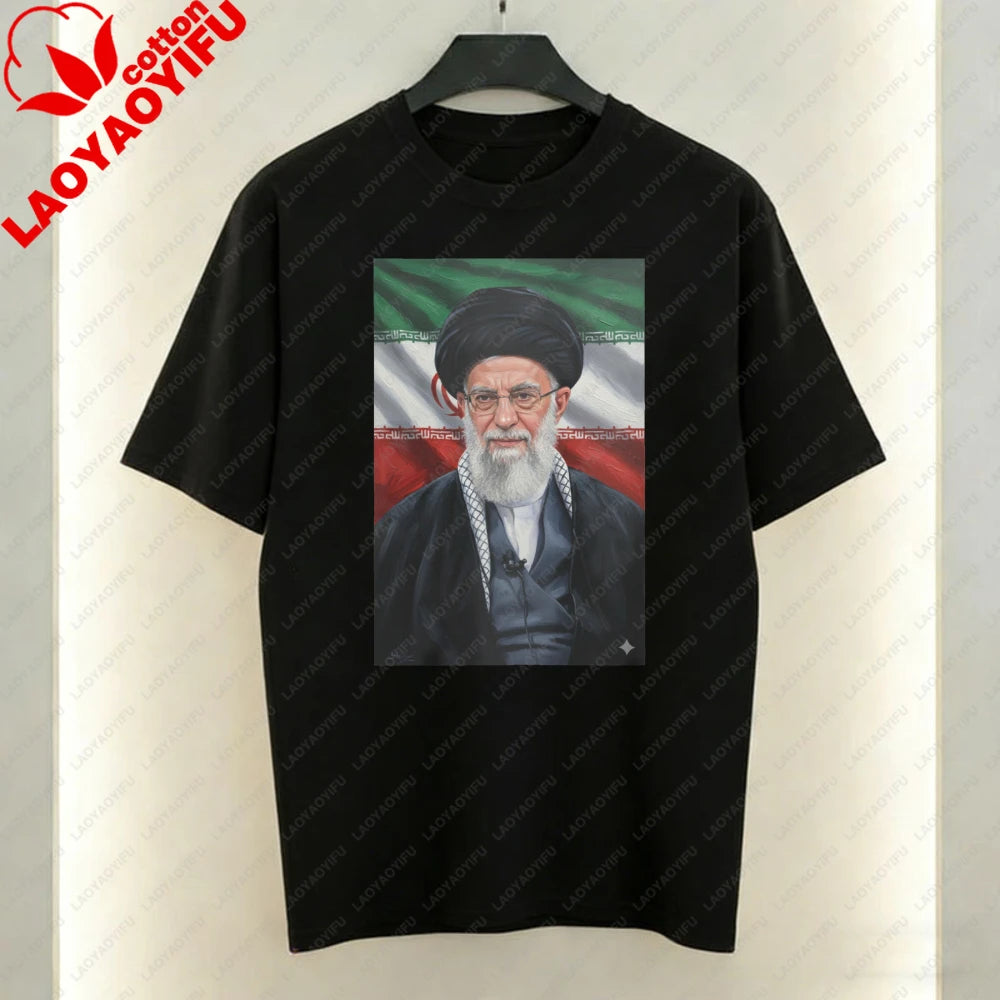 Ayatollah Khamenei Portrait Islamic Leader Design T-Shirt Iran Flag Graphic T Shirts Casual Unisex Cotton Short-sleeve Tees Tops