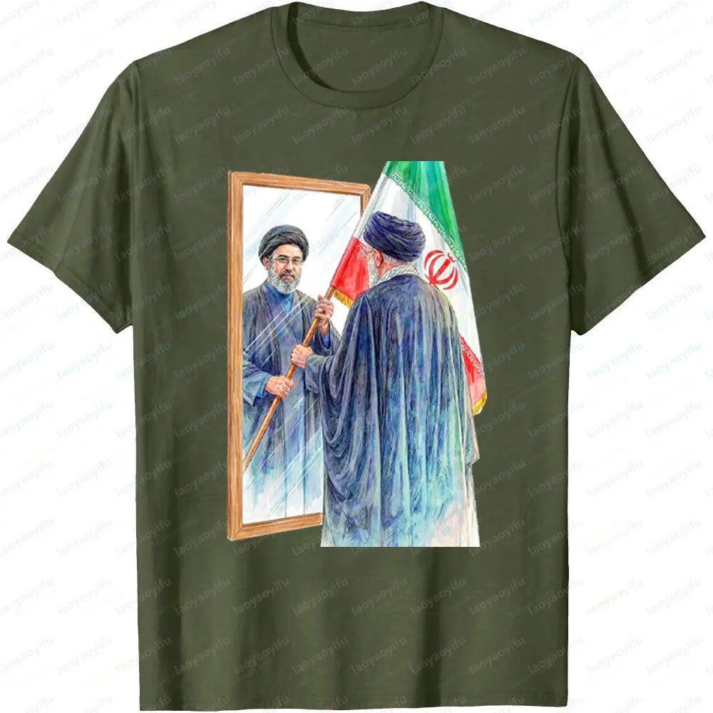 Iranian Political Figure Mojtaba Khamenei Mirror Graphic TShirt Men Summer Cotton Short Sleeve Tee Iran Flag Patriotic Gift Tops