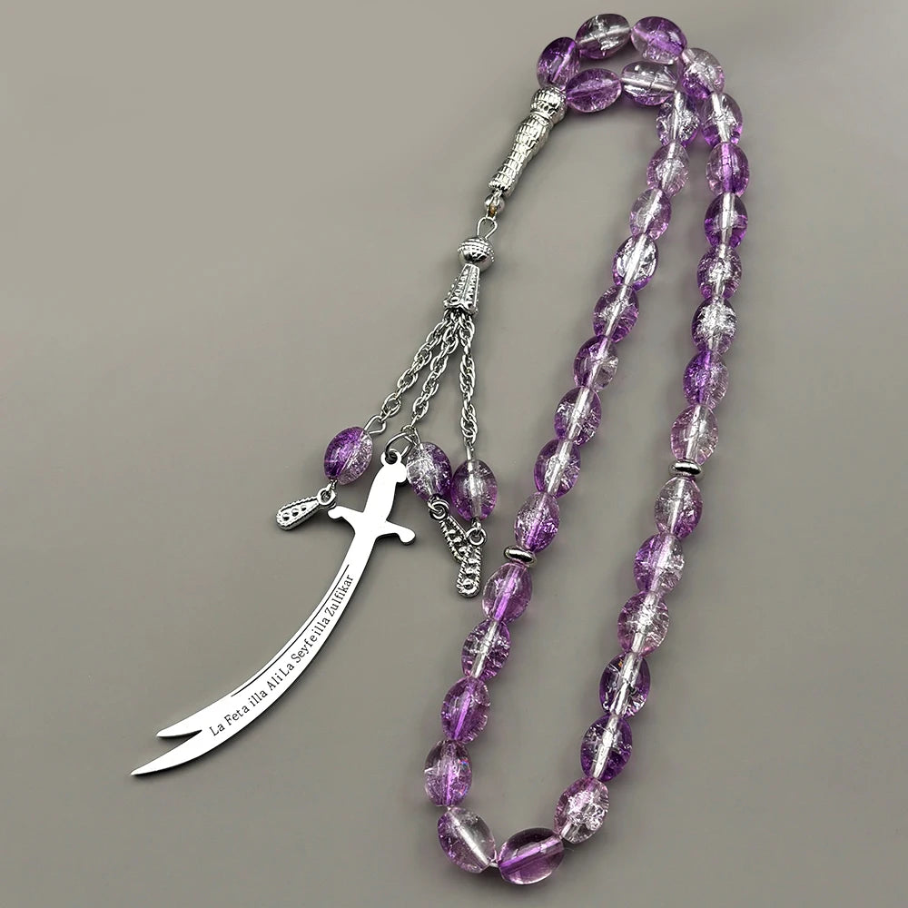 Muslim Islamic Arabic Zulfiqar Sword Pendant Stainless Steel Silver Car Pendant Quran Purple Glass Prayer Beads Necklace Jewelry