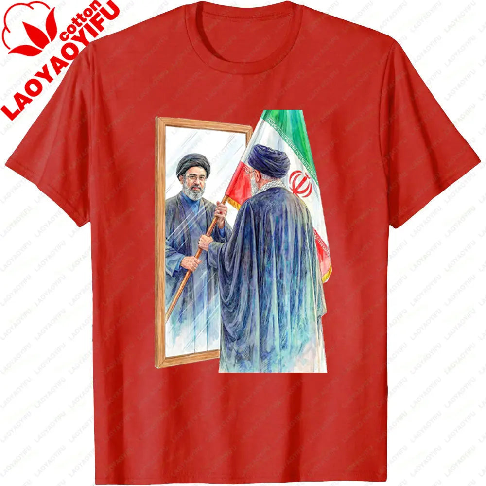 Iranian Political Figure Mojtaba Khamenei Mirror Graphic TShirt Men Summer Cotton Short Sleeve Tee Iran Flag Patriotic Gift Tops