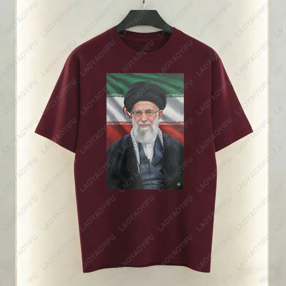 Ayatollah Khamenei Portrait Islamic Leader Design T-Shirt Iran Flag Graphic T Shirts Casual Unisex Cotton Short-sleeve Tees Tops