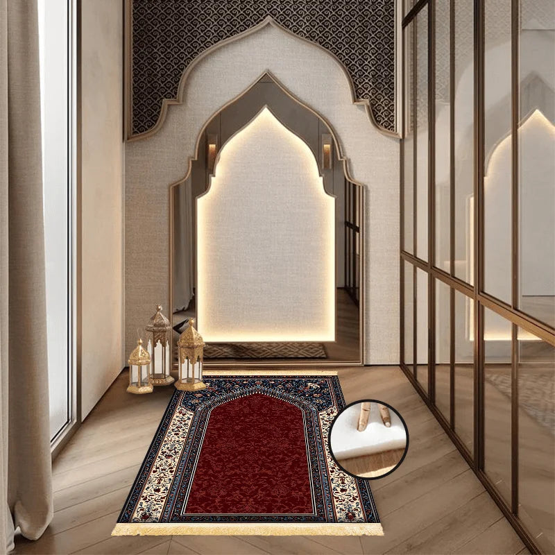 VIKAMA Muslim Prayer Mat, Soft Memory Foam Red And Blue Traditional Pattern Islamic Prayer Rug, Portable Travel Prayer Carpet