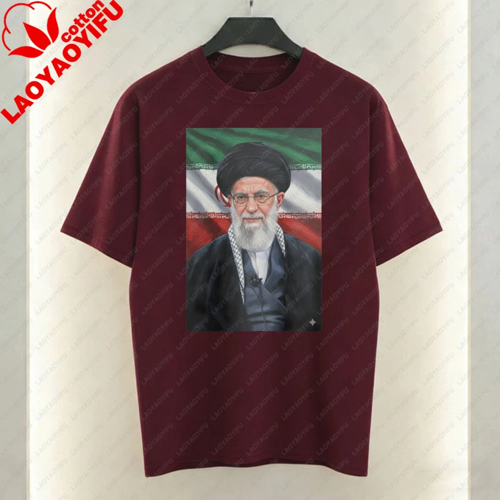 Ayatollah Khamenei Portrait Islamic Leader Design T-Shirt Iran Flag Graphic T Shirts Casual Unisex Cotton Short-sleeve Tees Tops