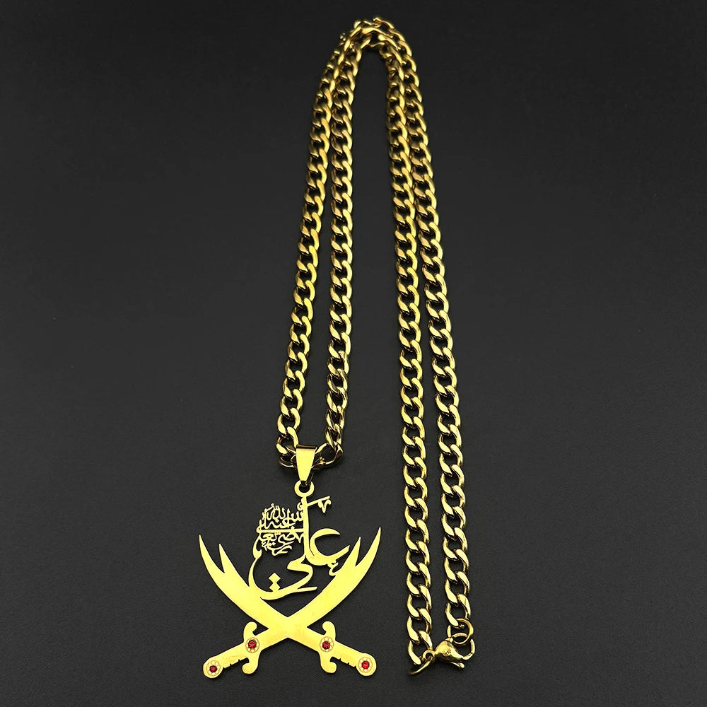 Imam Ali Sword Muslim Islam Pendant Necklace For Men Women Stainless Steel Arabic Zulfiqar Red Rhinestones Chain Jewlery Gift