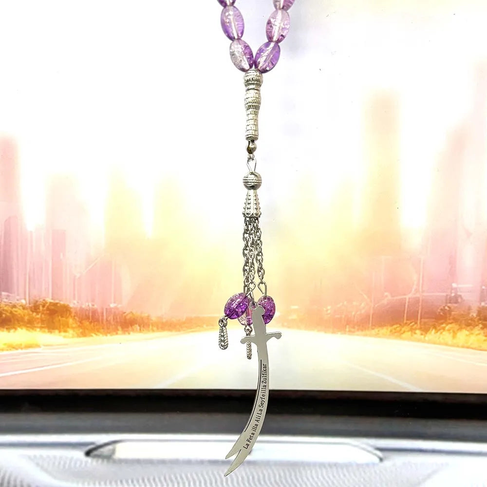 Muslim Islamic Arabic Zulfiqar Sword Pendant Stainless Steel Silver Car Pendant Quran Purple Glass Prayer Beads Necklace Jewelry