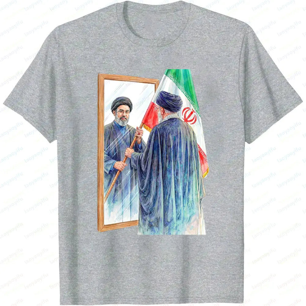 Iranian Political Figure Mojtaba Khamenei Mirror Graphic TShirt Men Summer Cotton Short Sleeve Tee Iran Flag Patriotic Gift Tops