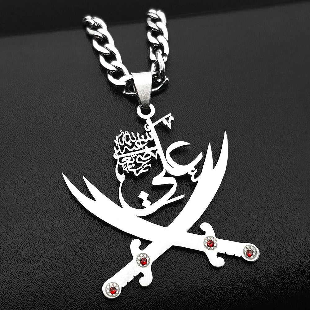 Imam Ali Sword Muslim Islam Pendant Necklace For Men Women Stainless Steel Arabic Zulfiqar Red Rhinestones Chain Jewlery Gift