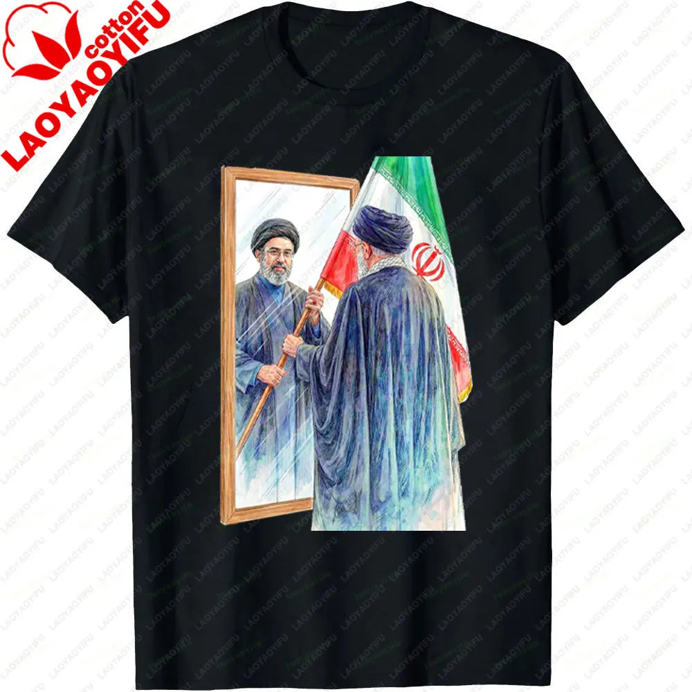 Iranian Political Figure Mojtaba Khamenei Mirror Graphic TShirt Men Summer Cotton Short Sleeve Tee Iran Flag Patriotic Gift Tops