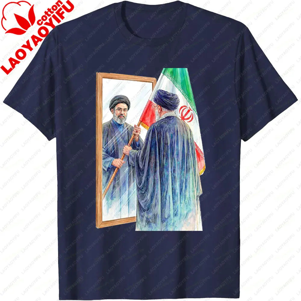 Iranian Political Figure Mojtaba Khamenei Mirror Graphic TShirt Men Summer Cotton Short Sleeve Tee Iran Flag Patriotic Gift Tops