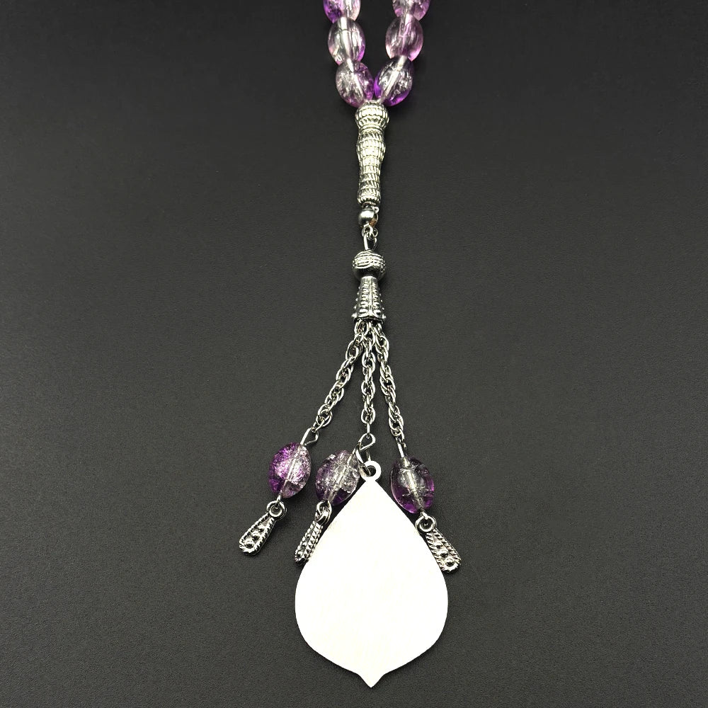 Purple Crackle Glass 33 Beads Tasbih, Allah Stainless Steel Pendant Muslim Rosary, Eid Al-Fitr Gift Jewelry for Women Men