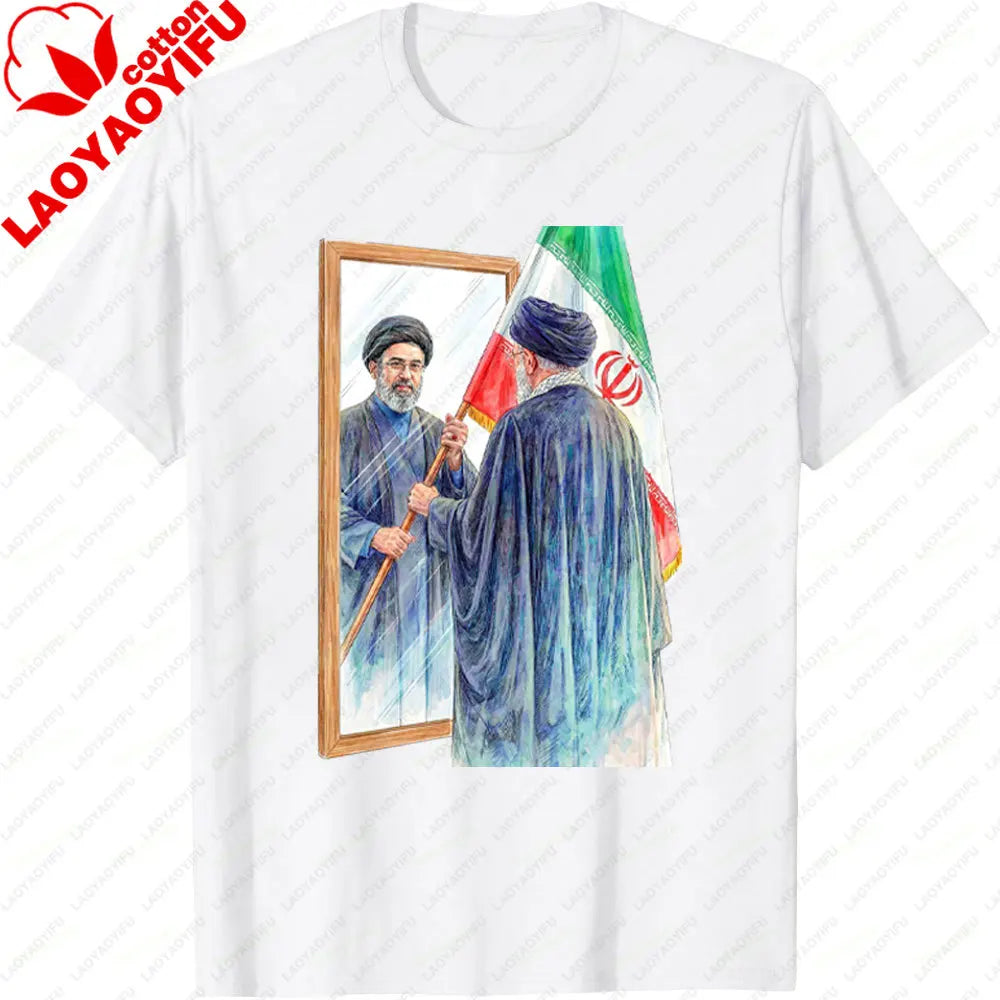 Iranian Political Figure Mojtaba Khamenei Mirror Graphic TShirt Men Summer Cotton Short Sleeve Tee Iran Flag Patriotic Gift Tops