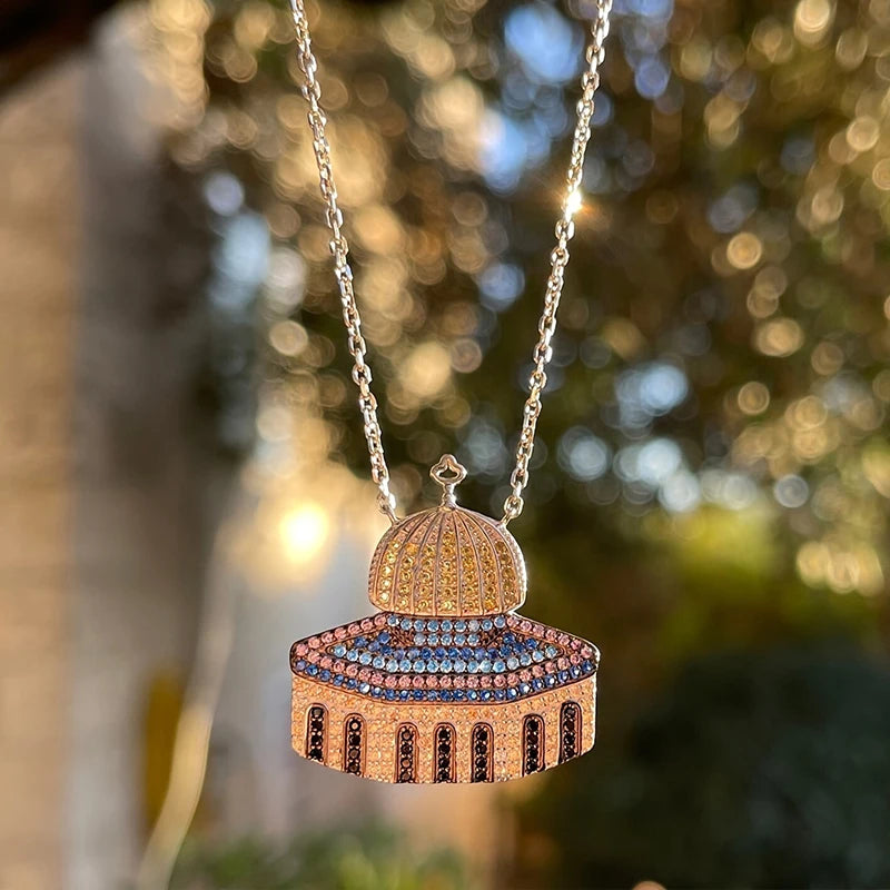 Colorful Stainless Steel Al Aqsa Mosque Crystal Pendant Necklaces Exquisite Personalized Chain Jewelry Gift for Women Men Friend
