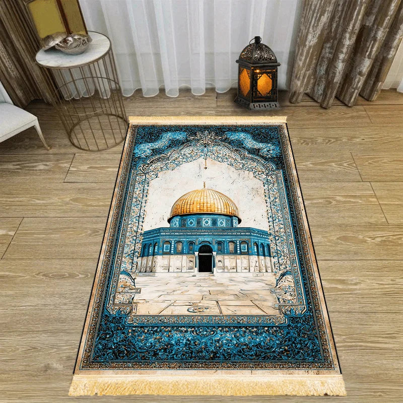 VIKAMA Dome of the Rock Oil Painting Prayer Rug Blue Gold Pattern Worship Mat Tassel Islamic Prayer Carpet for Living Room
